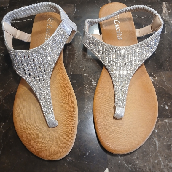Lucita Shoes - Lucita Silver Jeweled T-Strap Sandals for Women